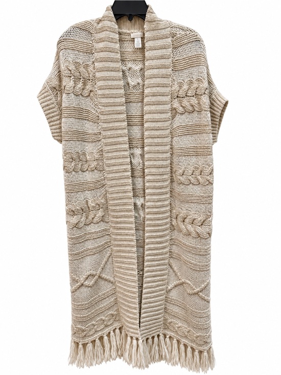 Chico's Sweaters - Chico's Cream/Gold Cable-Knit Fringe Open Front Sweater Vest, size 1 (M)